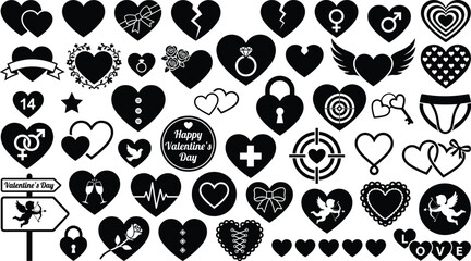 Fototapeta premium Large collection of black Valentine's Day heart silhouettes and love icons isolated on white background, featuring broken hearts, Cupid, rings, and romantic symbols for design.