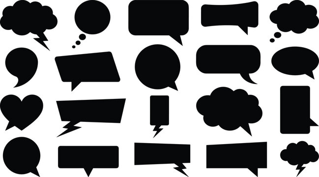 Large collection of black speech bubble silhouettes and comic thought clouds isolated on white background, various dialogue balloons and talk boxes for creative design.