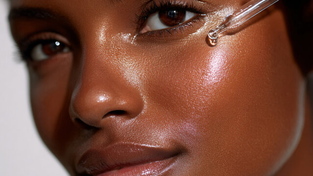  luxurious skincare campaign photoshoot featuring a close-up of a premium female model with radiant, very black dewy skin. She is holding a glass pipette from a skincare serum bottle above her cheekbo