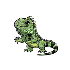 Obraz premium Chibi green iguana mascot character illustration with detailed scales and dorsal spikes, featuring a striped tail and large expressive eyes isolated on white background.