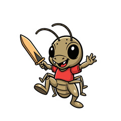 Obraz premium Chibi cricket mascot character wearing a red shirt and holding a wooden sword, cartoon insect warrior waving with a happy expression and big eyes, isolated on white background.