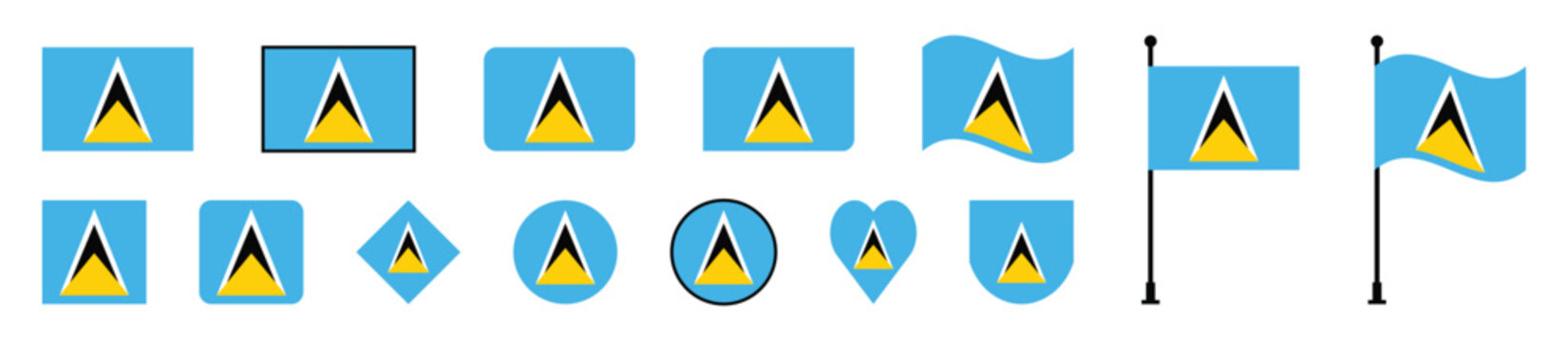 Saint Lucia national flag vector illustrations including flat, circle, heart, and shield shapes.
