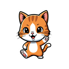 Obraz premium Chibi style cartoon orange tabby cat mascot waving its paw, featuring large expressive black eyes, white chest markings, and a friendly smile, isolated on a plain white background.