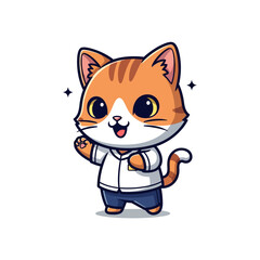 Fototapeta premium Chibi ginger and white cat character mascot wearing a white collared shirt and blue school pants, waving paw with a happy smiling expression, vector isolated on white background.