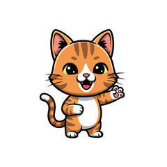 Fototapeta premium Cute ginger tabby cat chibi mascot character with big expressive eyes and a happy smile, waving its paw, standing on a white background with orange stripes and white belly.