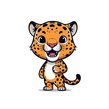 Cute chibi leopard mascot illustration with orange spotted fur and large black eyes. This cartoon jaguar character features a smiling expression, open mouth, and long spotted tail.