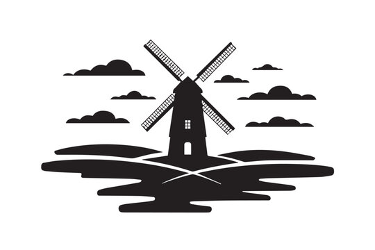 Minimalist black silhouette design of classic dutch windmill standing in rolling field under dramatic cloudy sky for rustic agriculture.