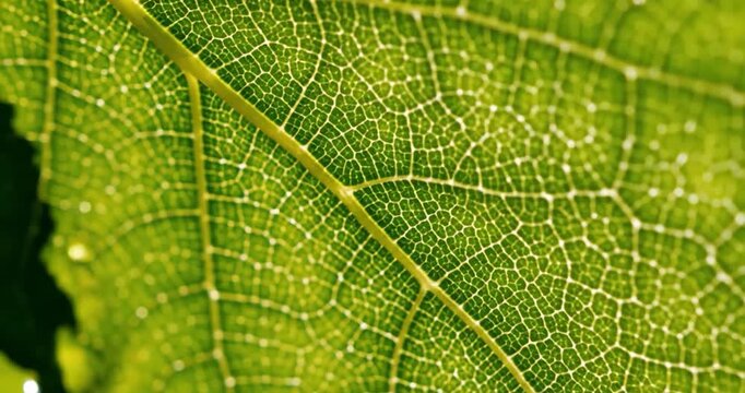Close up of green leaf texture with water drop in sunlight