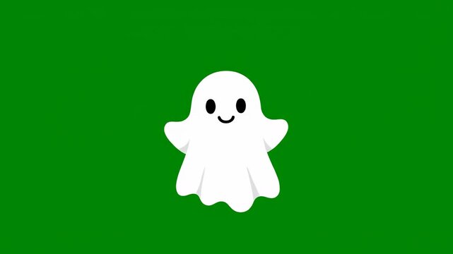 A cute white ghost with black eyes and a smiling mouth on a green screen background or chroma key.