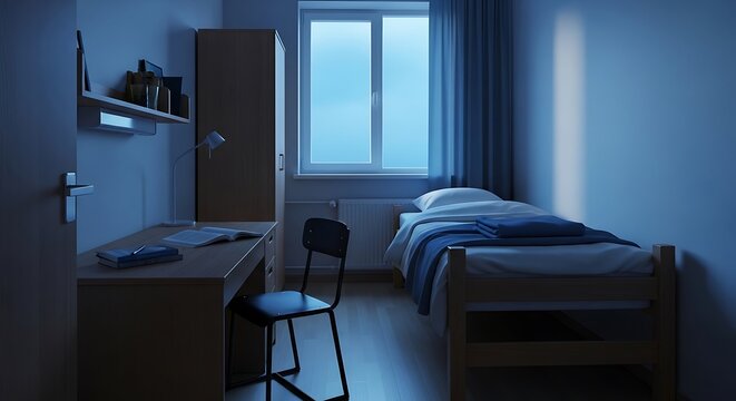 A dimly lit dorm room with a bed, desk, and window showing a twilight sky