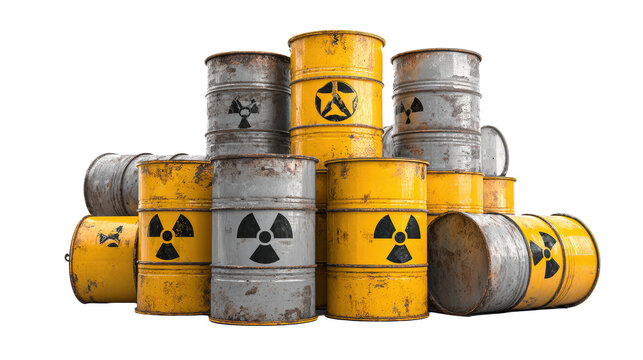 Pile of nuclear waste barrels with radioactive symbols background isolated on a Transparent background, PNG file.