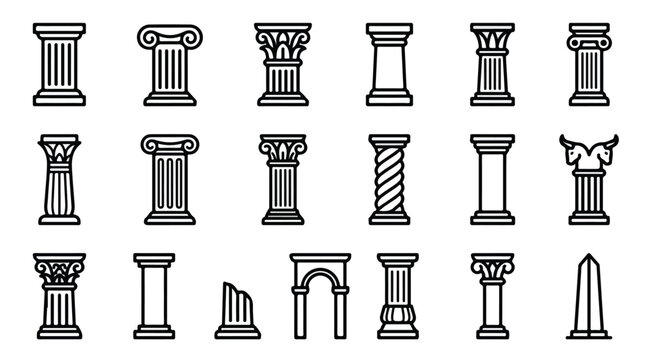 Collection of classical architectural columns with varied fluted shafts and ornate capitals in monochrome line drawing