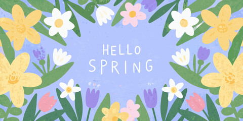 Floral spring greeting card colorful vector illustration with flowers © Hridoy