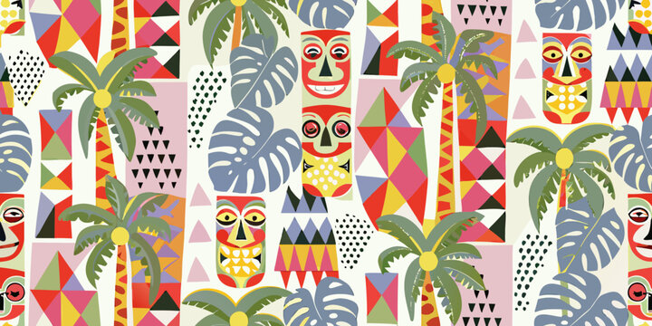 Tropical tiki mask pattern vibrant repeating illustration