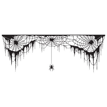 Black Spiderweb with Hanging Spider &mdash; Halloween Spooky Gothic Cobweb Border Vector Illustration on White Background