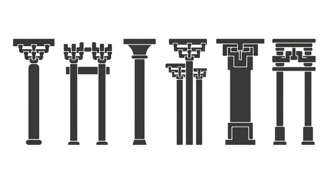 Row of classical architectural columns with varied capitals in silhouette, showcasing Doric, Ionic, Corinthian styles