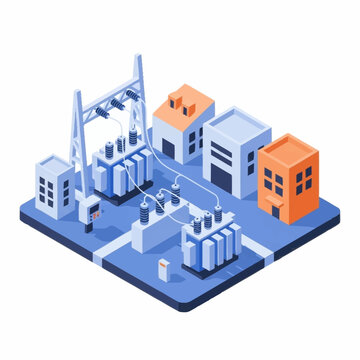 Electrical substation with transformers and buildings isometric view.