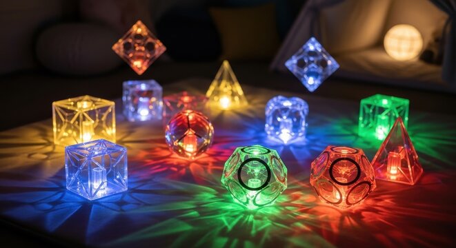 Illuminated Translucent Geometric Crystal Shapes Casting Colorful Light Patterns