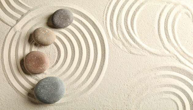 Japanese Zen Garden with Raked Sand and Stone Arrangement, Meditation Concept