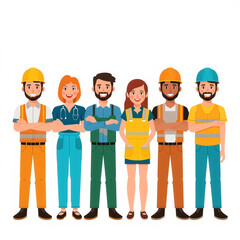 Obraz premium 2D Flat Illustration Diverse Workers Group Labor Day Celebration Colorful White Background