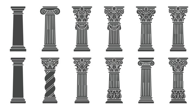 Row of classical architectural columns with varied capitals along a stone colonnade showcasing neoclassical details