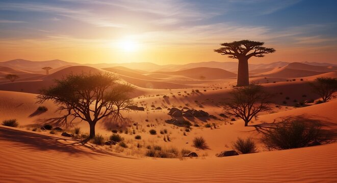 砂漠の夕日、バオバブの木、乾燥地帯、雄大な自然、静寂