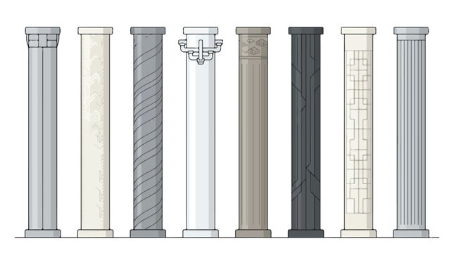 Row of classical architectural columns in varied styles and colors, displaying Doric, Ionic, and Corinthian forms