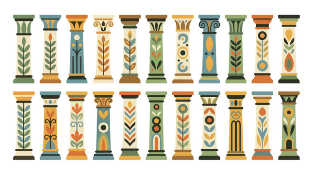 Colorful collection of ornate ancient column capitals arranged in a grid for architectural design and graphic resources
