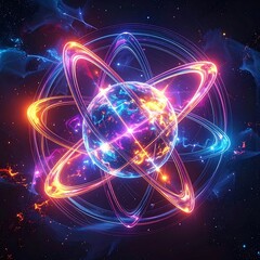 Obraz premium Vibrant atom with glowing colorful electrons orbiting a radiant core