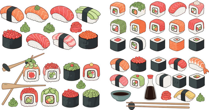 Japanese sushi collection with nigiri maki rolls chopsticks soy sauce and wasabi colorful food illustration set isolated