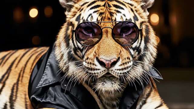 Close-up portrait of a tiger wearing oversized round sunglasses and a black collared shirt, positioned against a dark background with warm orange bokeh light circles.