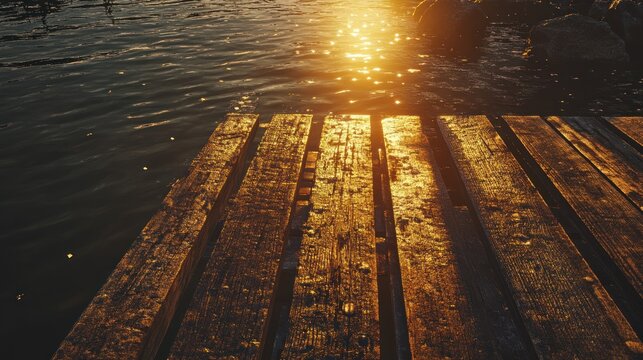 Golden sunset on weathered wooden dock over water