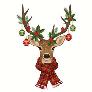 Festive deer head wearing a red plaid scarf and decorated antlers with Christmas ornaments, holly berries, and pine needles isolated on a white background digital illustration.