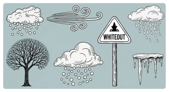 Collection of vintage hand-drawn winter weather icons featuring clouds with snow, hail, and rain, wind swirls, a leafless bare tree, icicles, and a whiteout triangle warning sign.