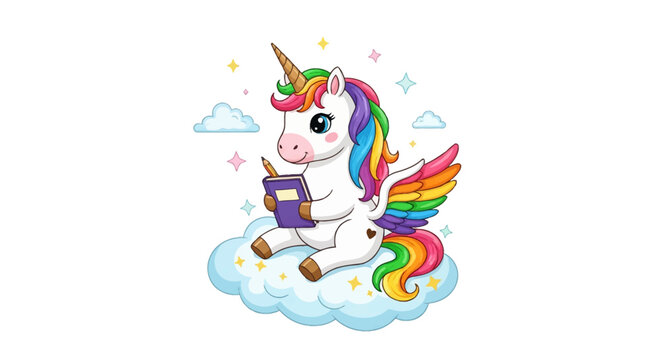 Vector illustration of a white winged unicorn with a rainbow mane and tail sitting on a blue cloud, holding a purple notebook and pencil with stars on a white background.