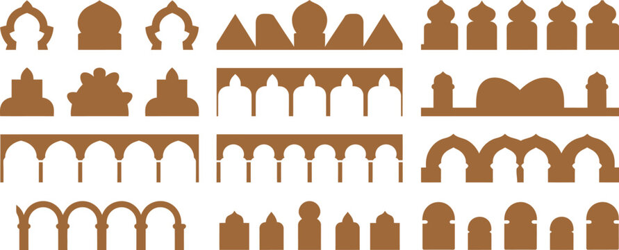 Old Arabian Saudi pattern decor, Islamic border with Morocco shapes, vector set of ornamental architectural Mughal and Middle Eastern crenellations and trims, silhouettes of palaces, mosques