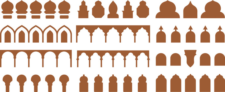 Old Arabian Saudi pattern decor, Islamic border with Morocco shapes, vector set of ornamental architectural Mughal and Middle Eastern crenellations and trims, silhouettes of palaces, mosques
