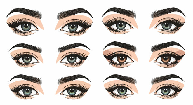 Set of twelve detailed female eye illustrations featuring long voluminous eyelashes, dark eyebrows, and various iris colors like brown, grey, and green on a white background.