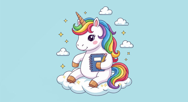 Cute cartoon unicorn with a rainbow mane and tail sitting on a fluffy white cloud in a light blue sky, holding a blue spiral notebook and yellow pencil surrounded by small stars.