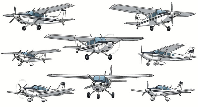 Set of eight detailed vector illustrations showing small propeller airplanes and light aircraft monoplanes from multiple angles isolated on a white background for design.