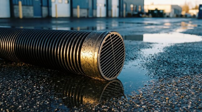 Black corrugated drainage pipe with metal grate on wet asphalt with puddles and industrial buildings in background