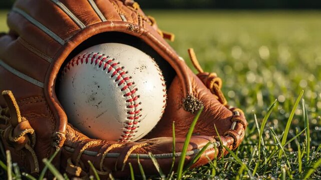 Close up of a baseball inside a leather glove on green grass field at sunset.