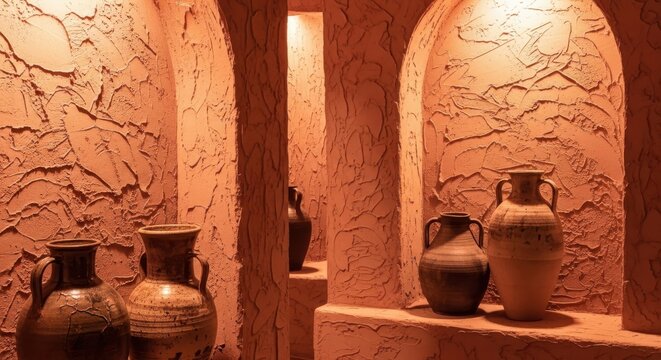 Warm Textured Stucco Archways Featuring Ancient Pottery Displays with Visible Trowel Marks