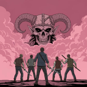 Vector horror comic illustration of five warriors with swords and weapons facing a giant horned demon skull with a helmet emerging from pink clouds, manga movie poster style.