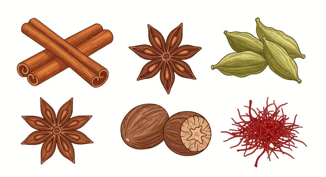 Hand-drawn vector illustration of common kitchen spices including cinnamon sticks, star anise, green cardamom pods, nutmeg seeds, and red saffron threads isolated on a white background.