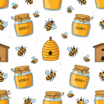 Seamless vector pattern featuring hand-drawn glass honey jars with labels, bumblebees in flight with dotted paths, yellow beehive skeps, and wooden houses on a white background.