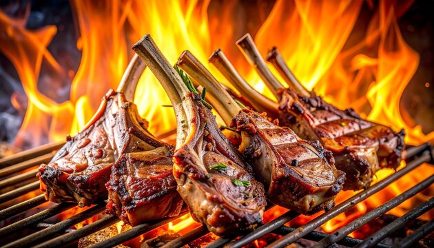 香ばしい直火で焼いたラムチョップが並ぶ豪快な肉料理の写真