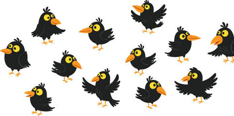 Obraz premium Cute black bird character set with different poses and expressions, cartoon crow or raven collection, playful vector illustration for mascot and design use