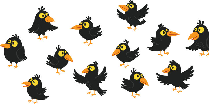 Cute black bird character set with different poses and expressions, cartoon crow or raven collection, playful vector illustration for mascot and design use