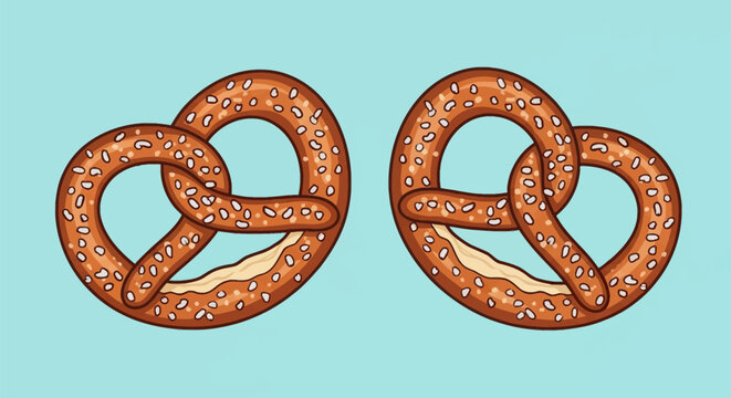 A pair of golden brown soft pretzels topped with sea salt crystals, isolated on a light blue background. Detailed vector illustration of traditional German bakery snack food items.